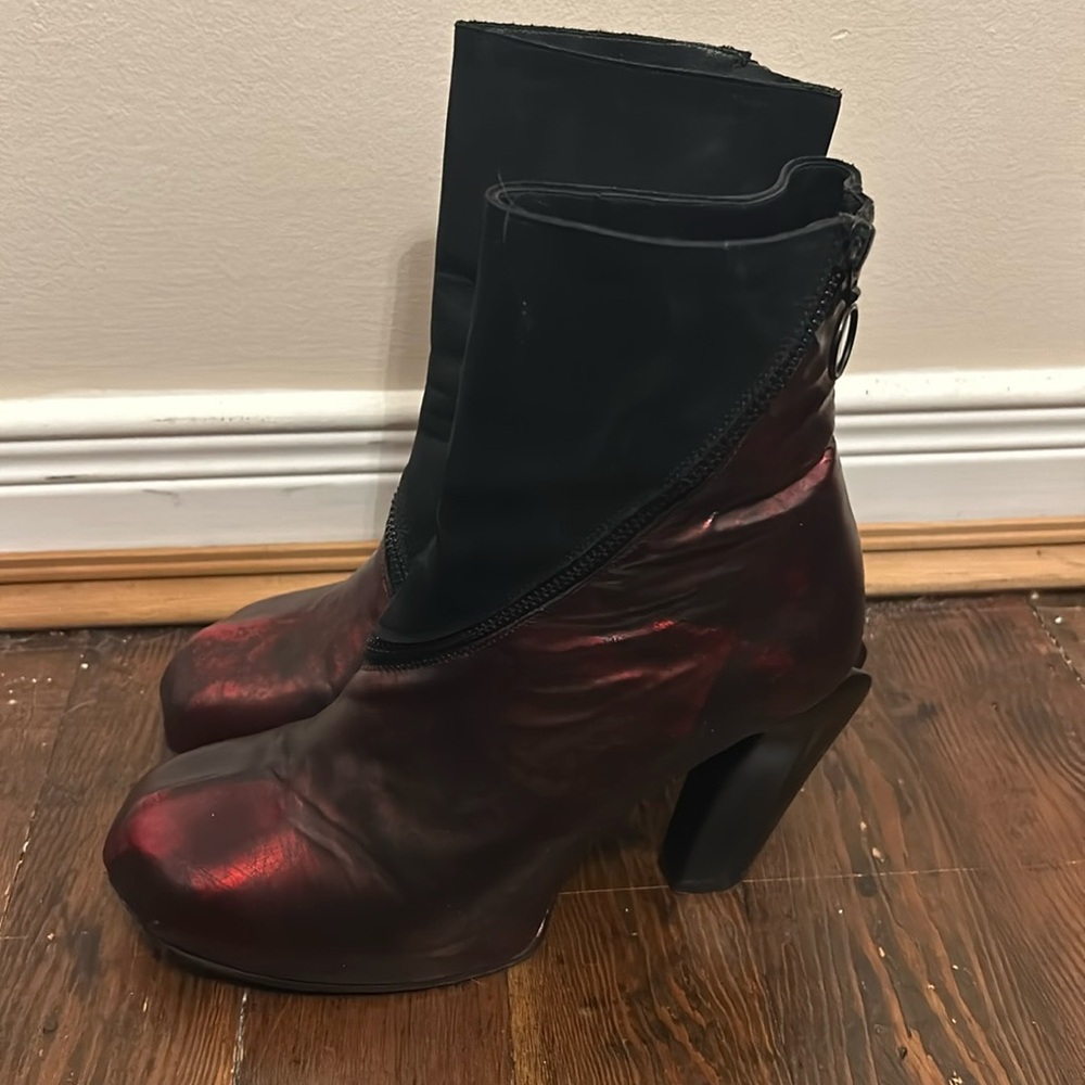 Like new John Fluevog metallic red/black suede boot with dust bag